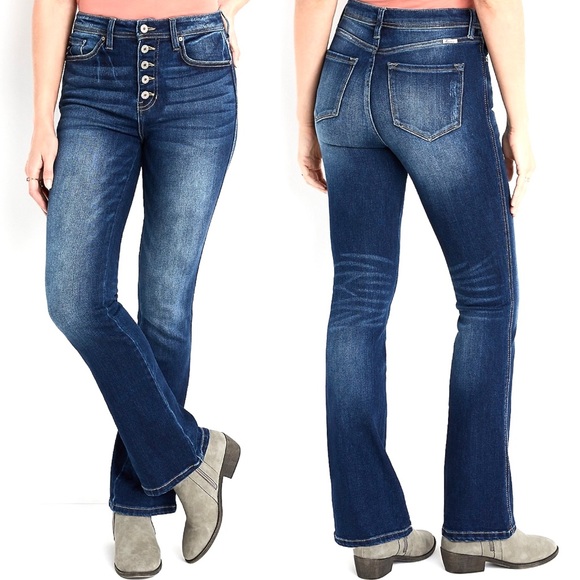 Kancan High Rise Bootcut Jean Button Fly Faded Dark Wash Stretch - Picture 1 of 8